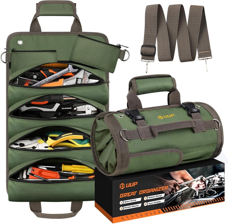 UUP Tool Bag Roll Up, Heavy Duty Portable Soft Tool Storage, Foldable Empty Rollup Organizer with Small Pockets, Official Rollable Toolbag, Valentines Day Gifts for Him Dad Men Mechanic Welding, Green - Image 1